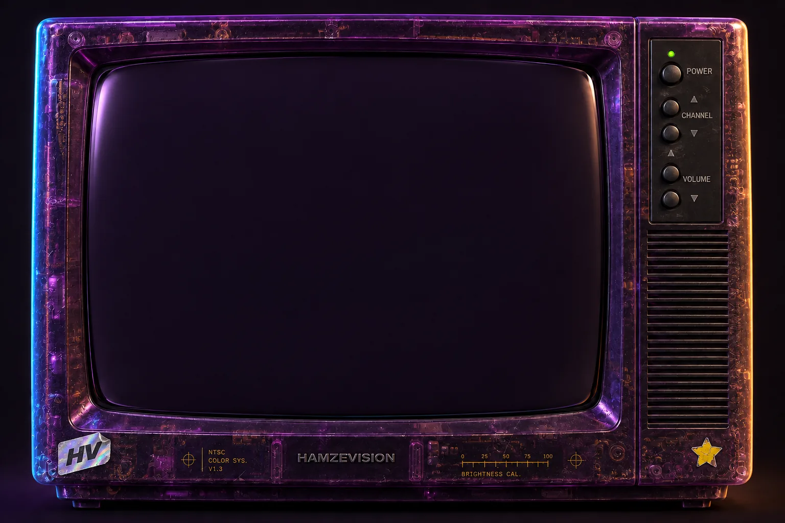 Translucent purple HAMZEVISION CRT television with visible circuitry and cyan edge lighting